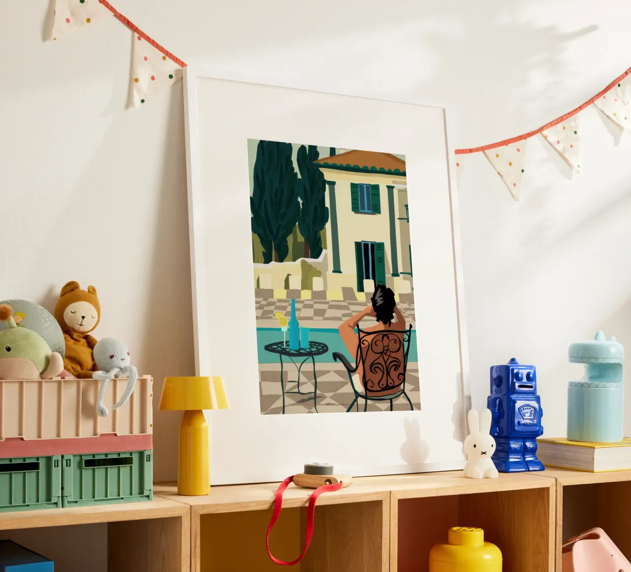 Terrace Siesta Serenity poster con telaio in plastica da Mossy Pigment