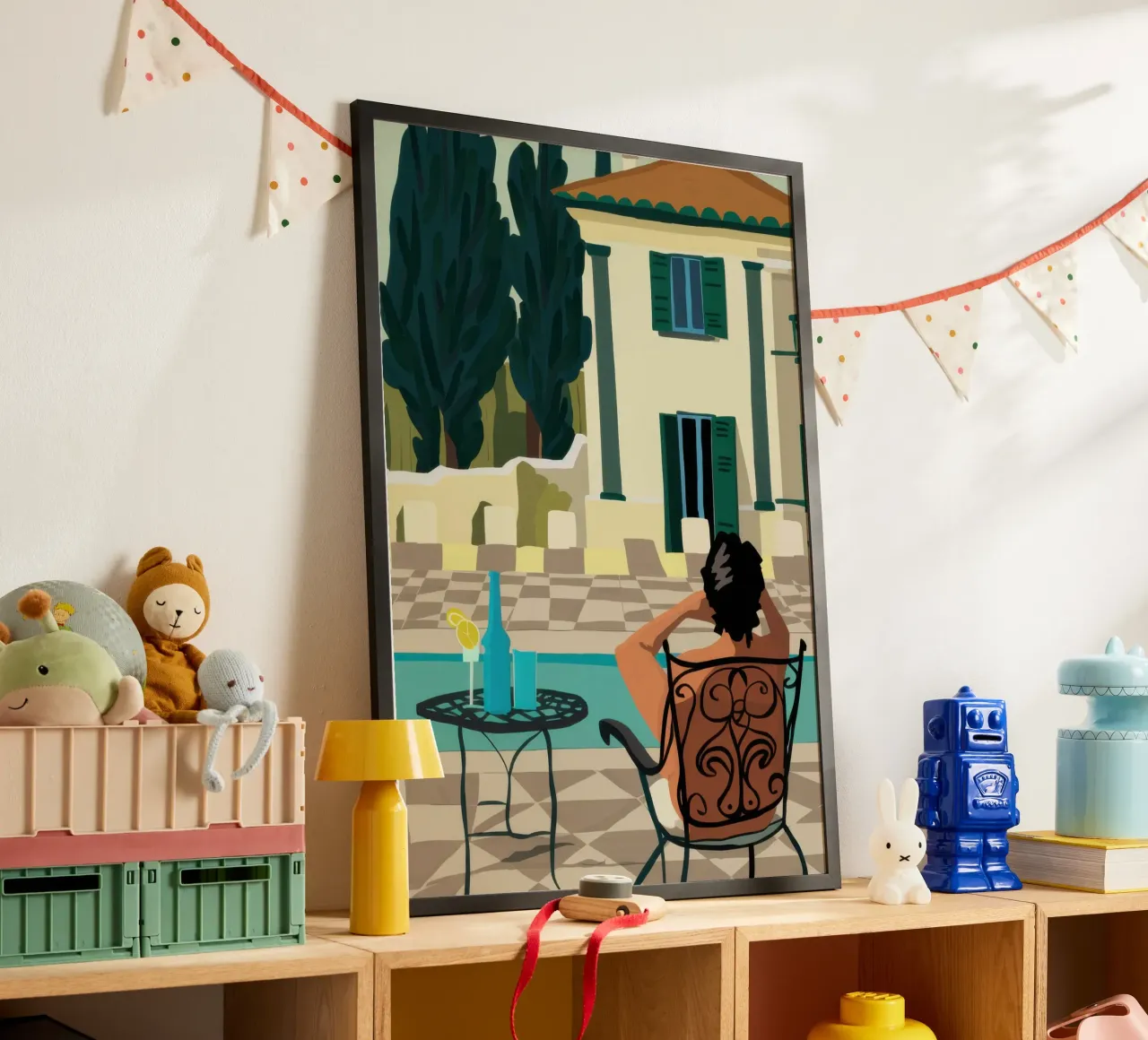 Terrace Siesta Serenity poster con telaio in plastica da Mossy Pigment