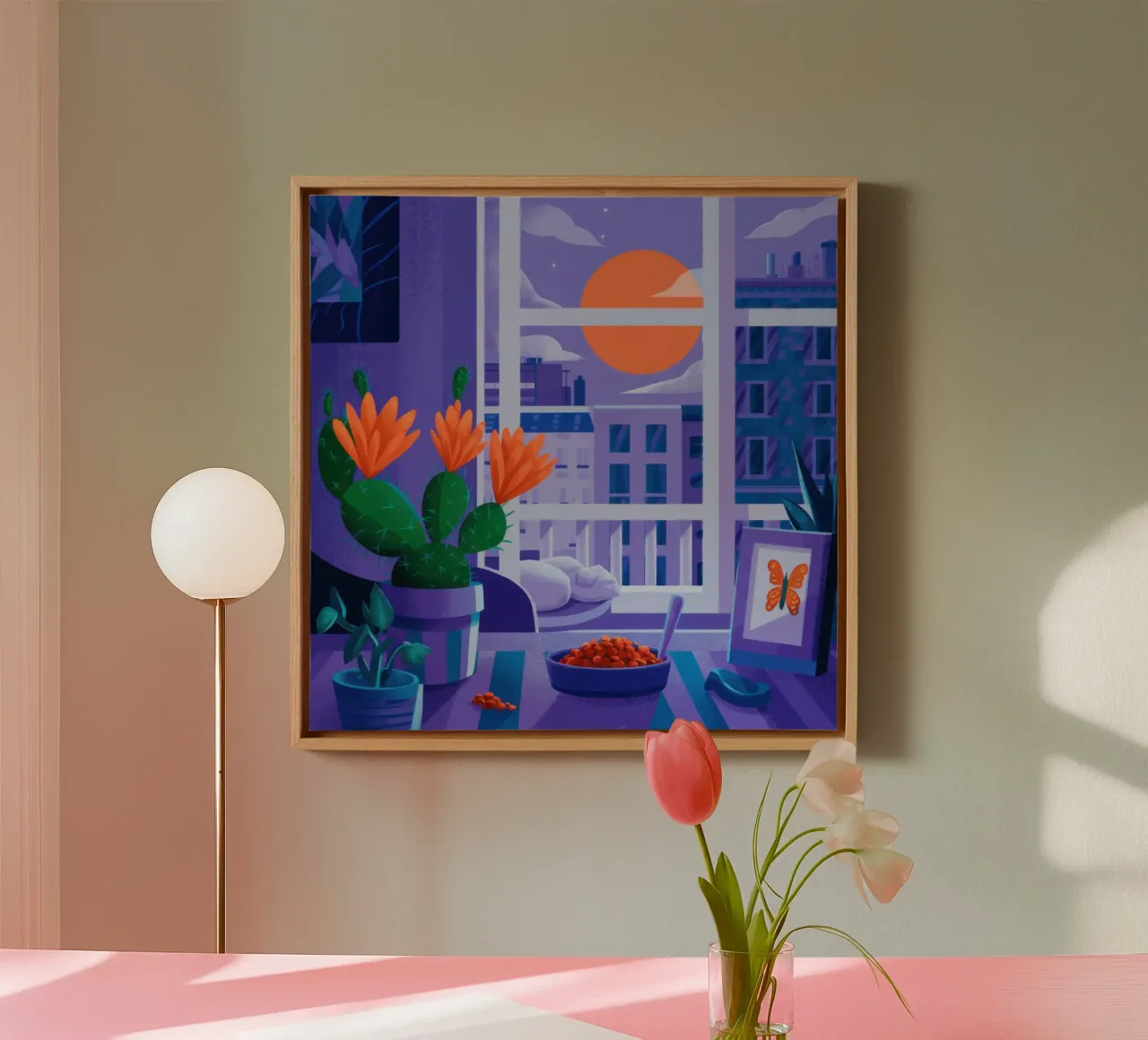 Cactus Sunset Window canvas with Floater frame by Sentinel Glow