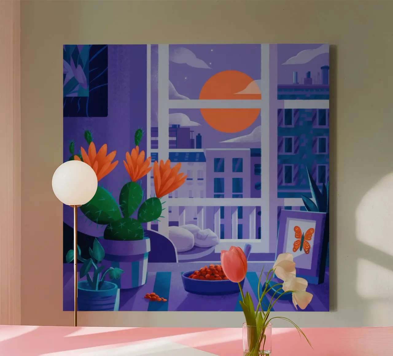 Cactus Sunset Window canvas with Floater frame by Sentinel Glow
