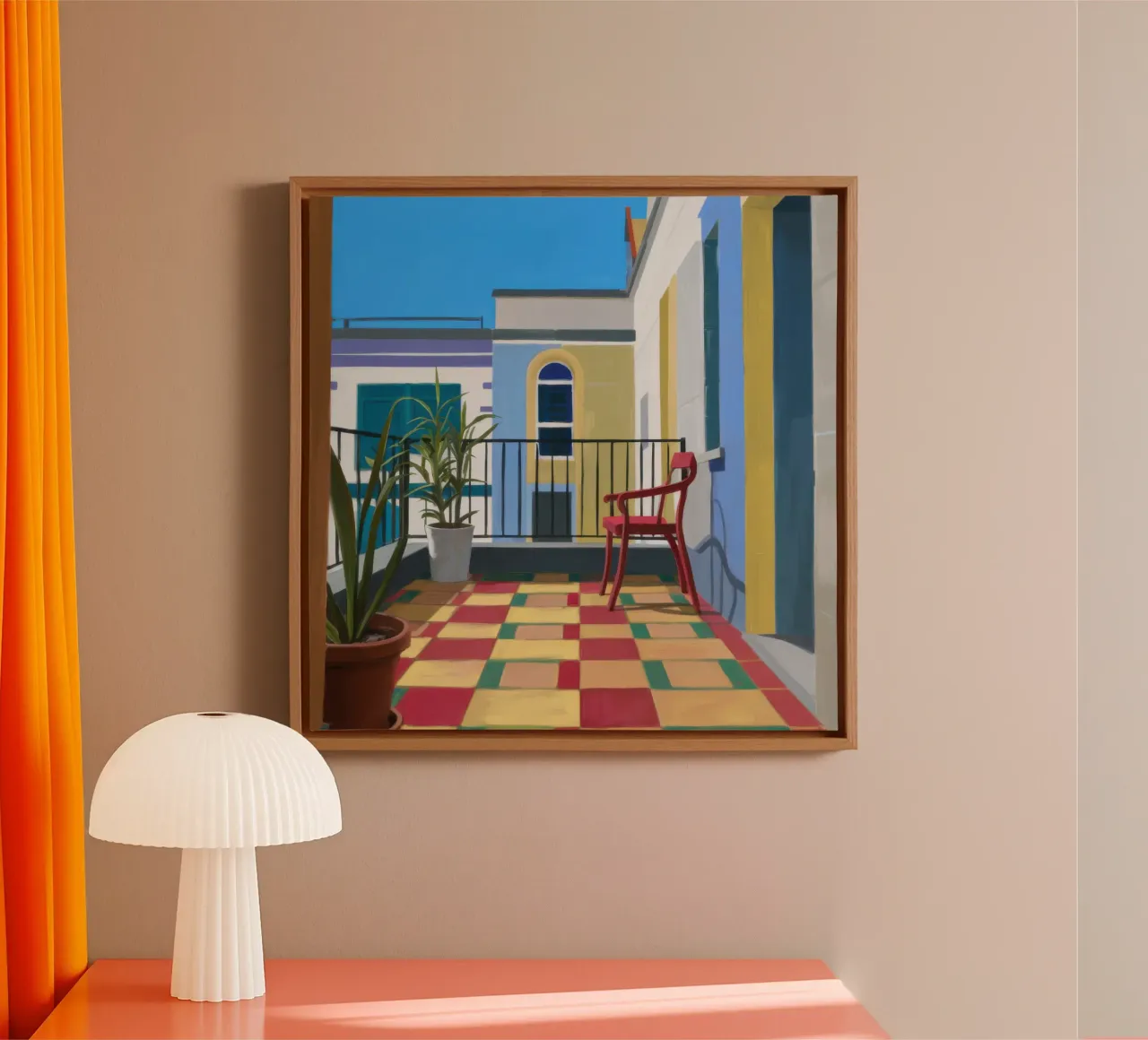 Chromatic Balcony View canvas with Floater frame by Mossy Pigment