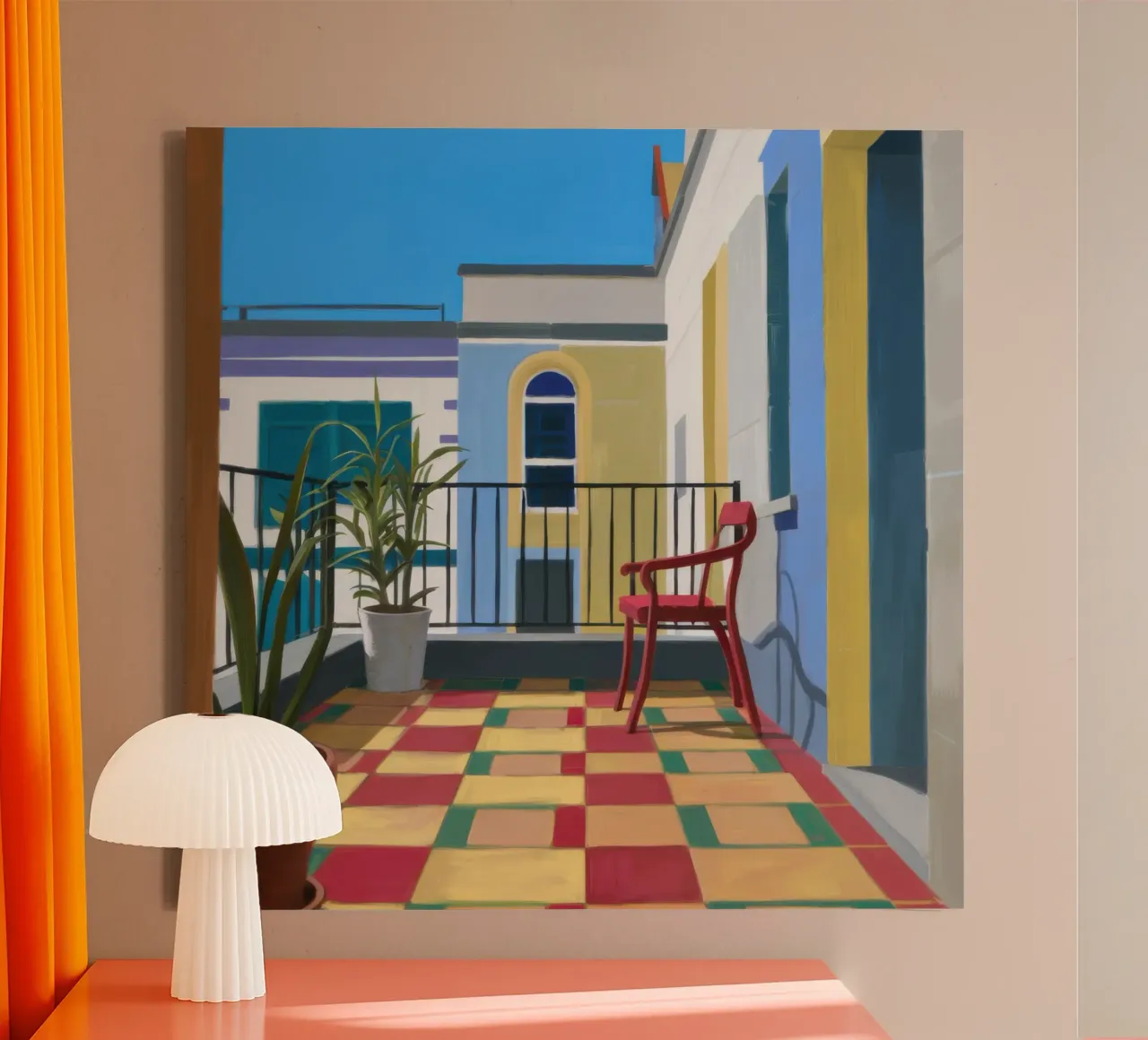 Chromatic Balcony View canvas with Floater frame by Mossy Pigment