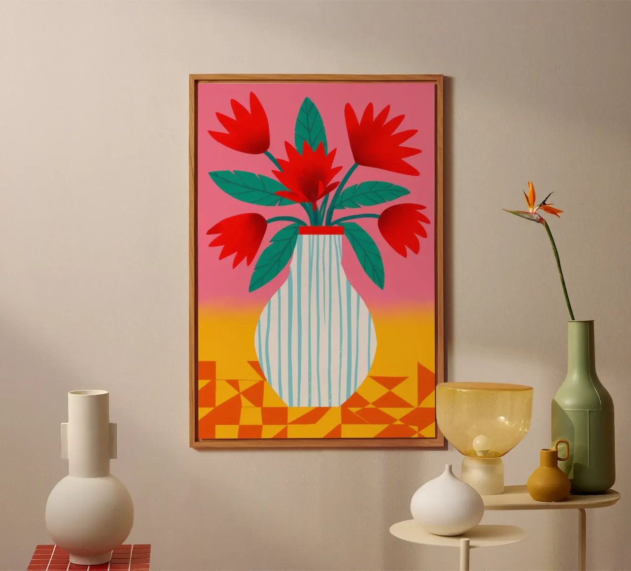 Vaso a scacchiera con tulipani rossi alluminio dibond da Sentinel Glow
