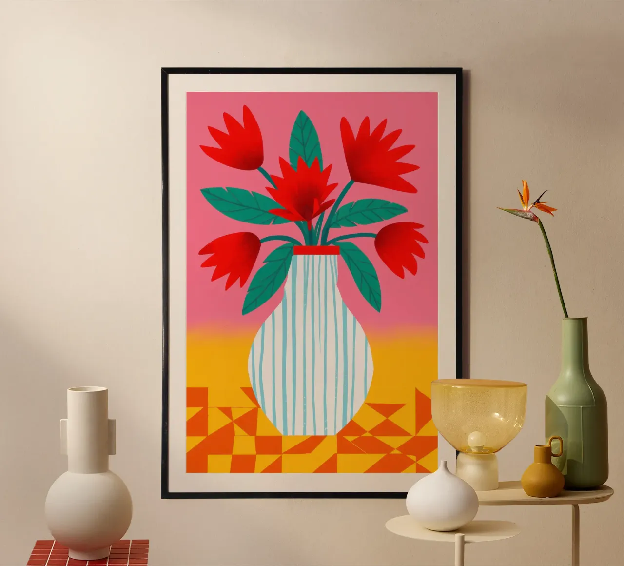 Red Tulips Checkered Vase hahnemühle by Sentinel Glow