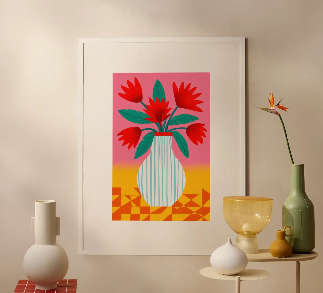 Red Tulips Checkered Vase hahnemühle by Sentinel Glow