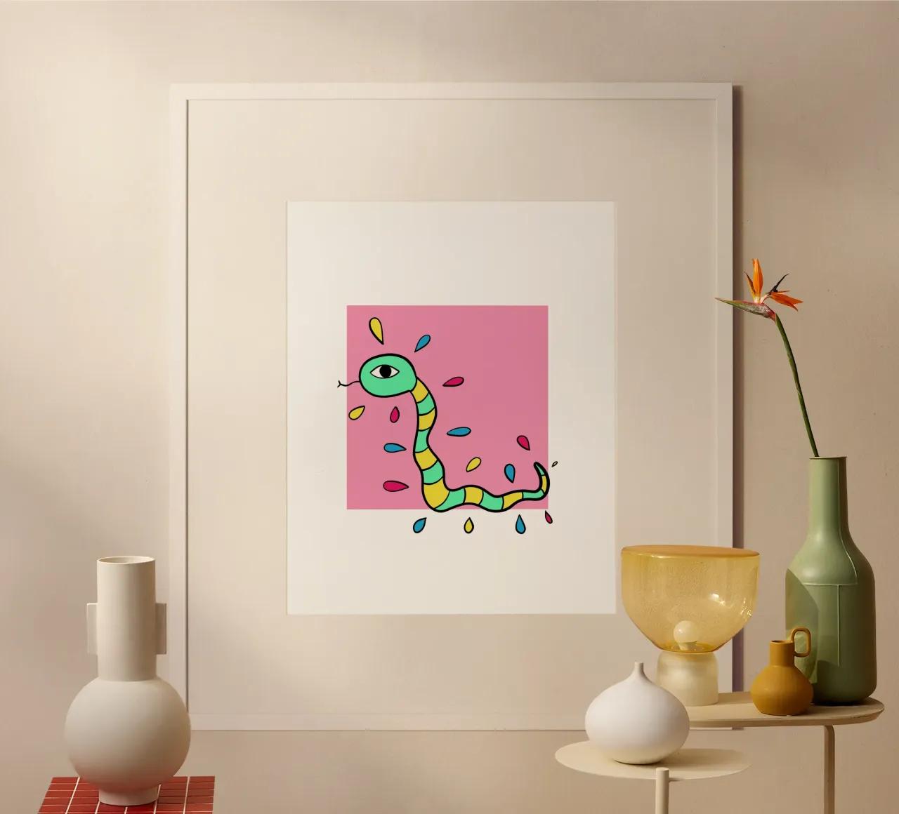 Snake and pink carta hahnemühle da BAINAI