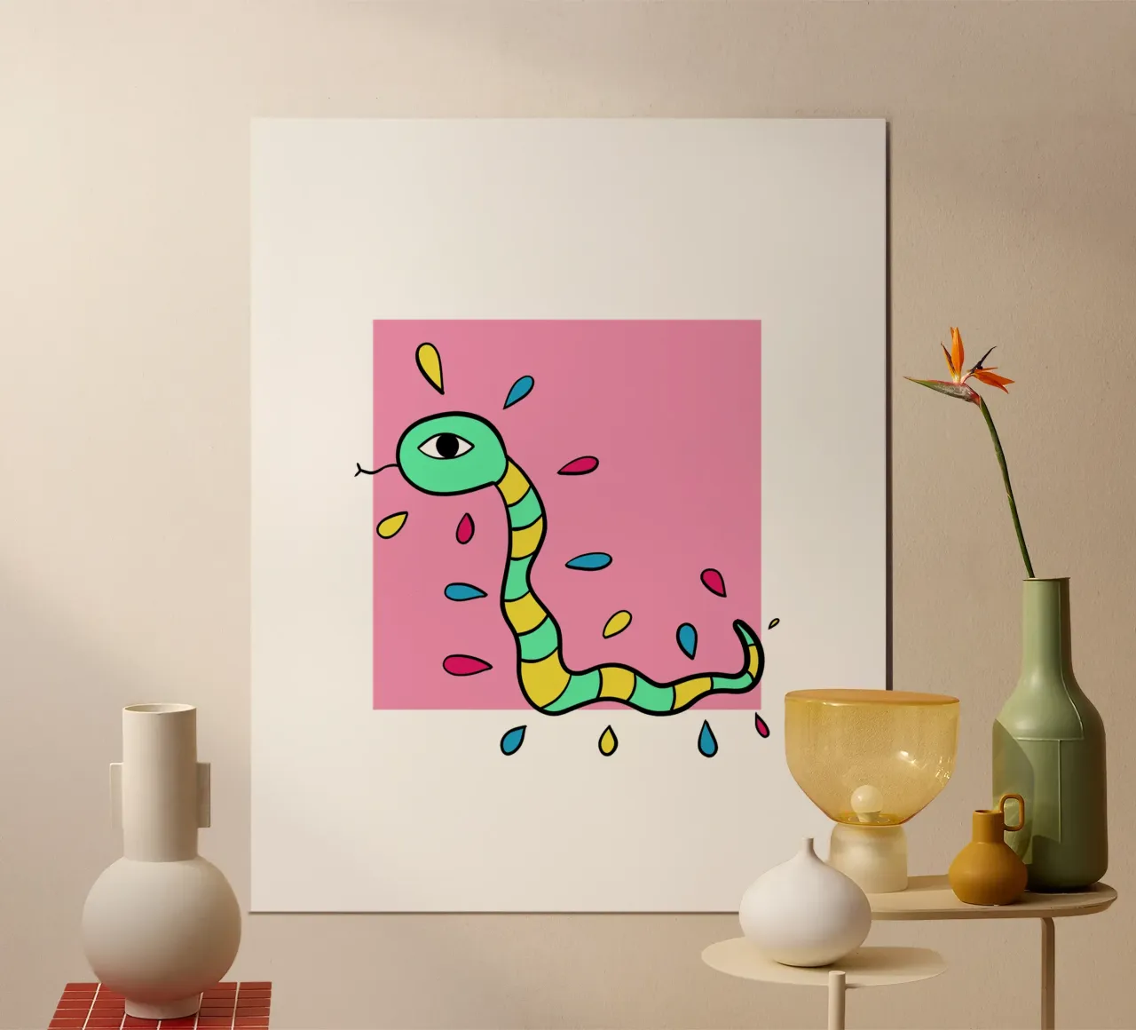 Snake and pink carta hahnemühle da BAINAI