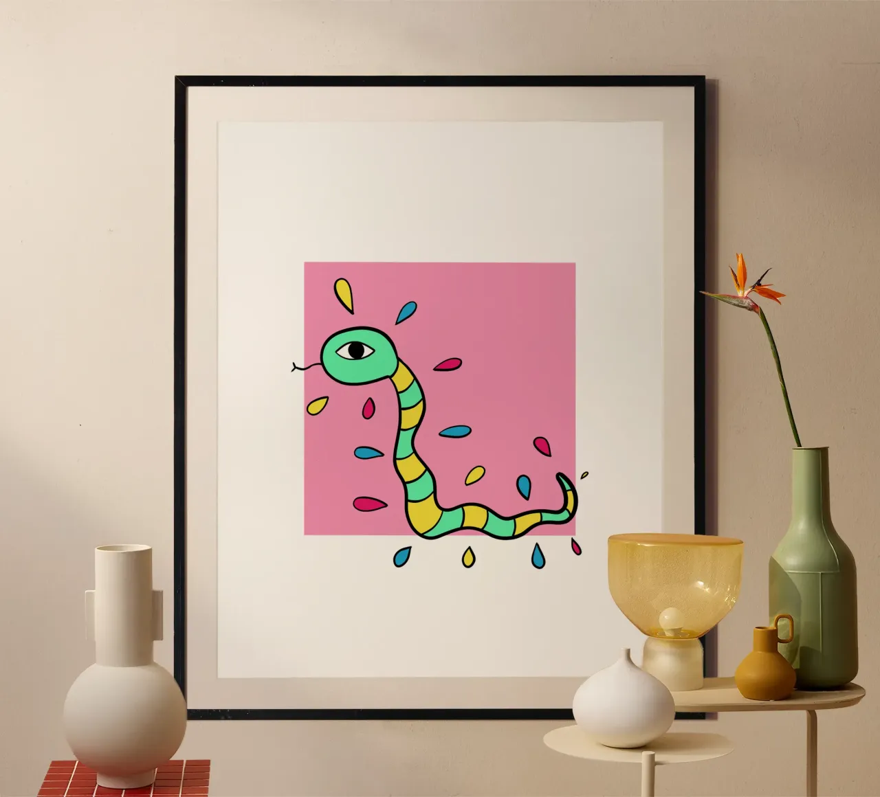 Snake and pink carta hahnemühle da BAINAI
