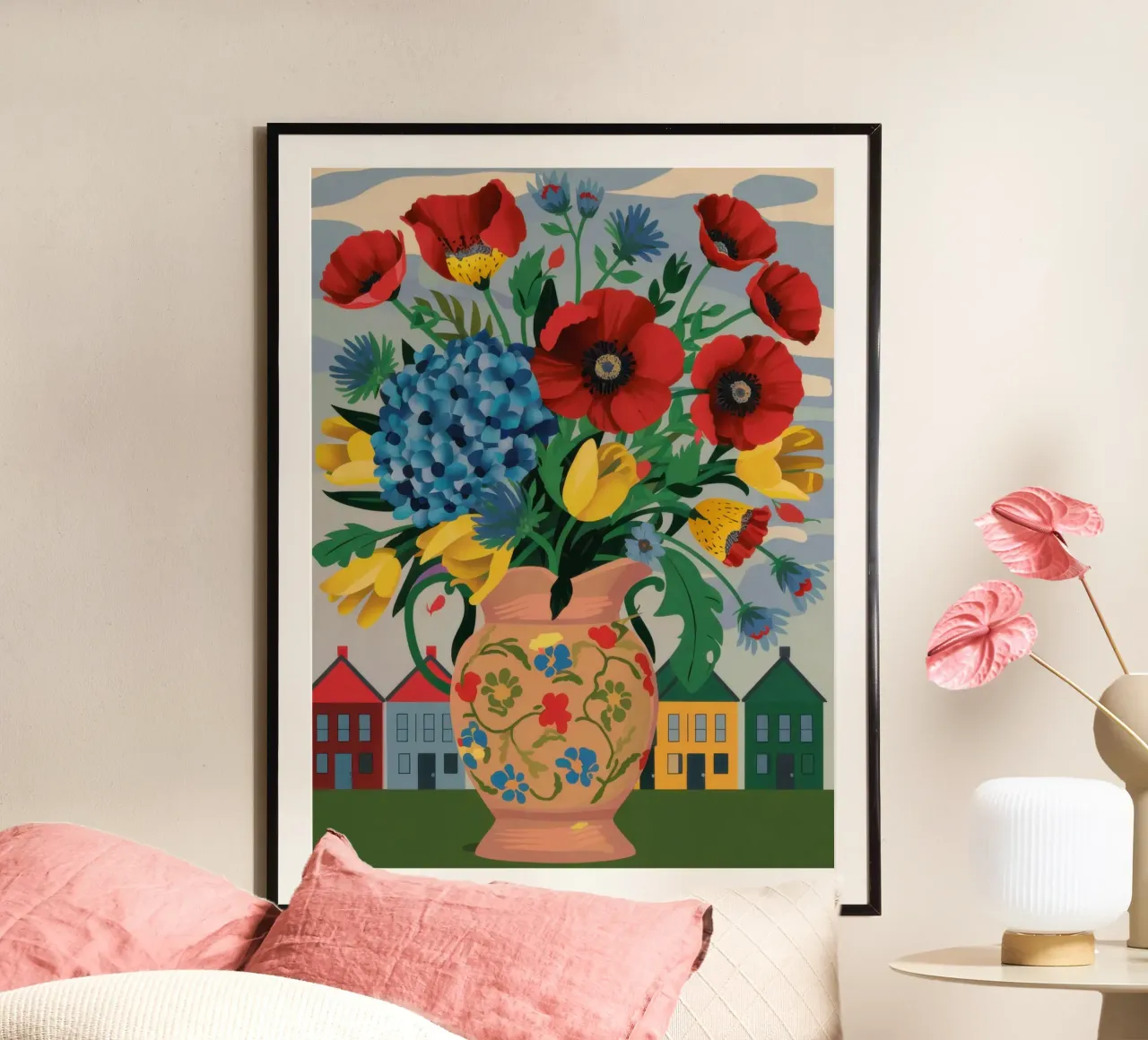 Bouquet di papaveri del folclore poster con telaio in alluminio da Arcane Lines