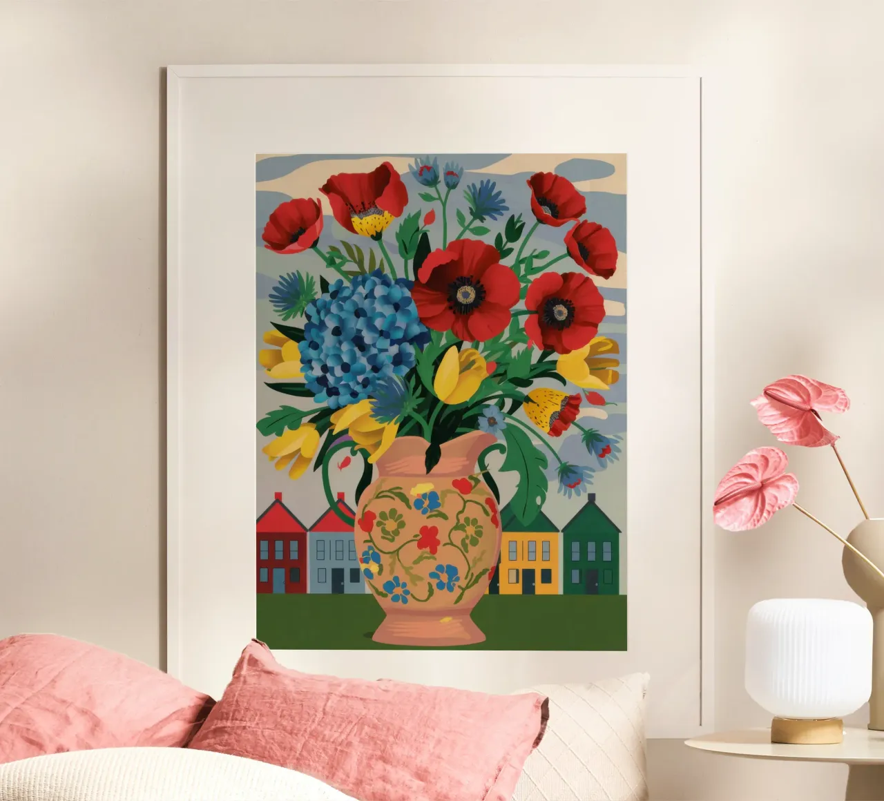 Bouquet di papaveri del folclore poster con telaio in alluminio da Arcane Lines
