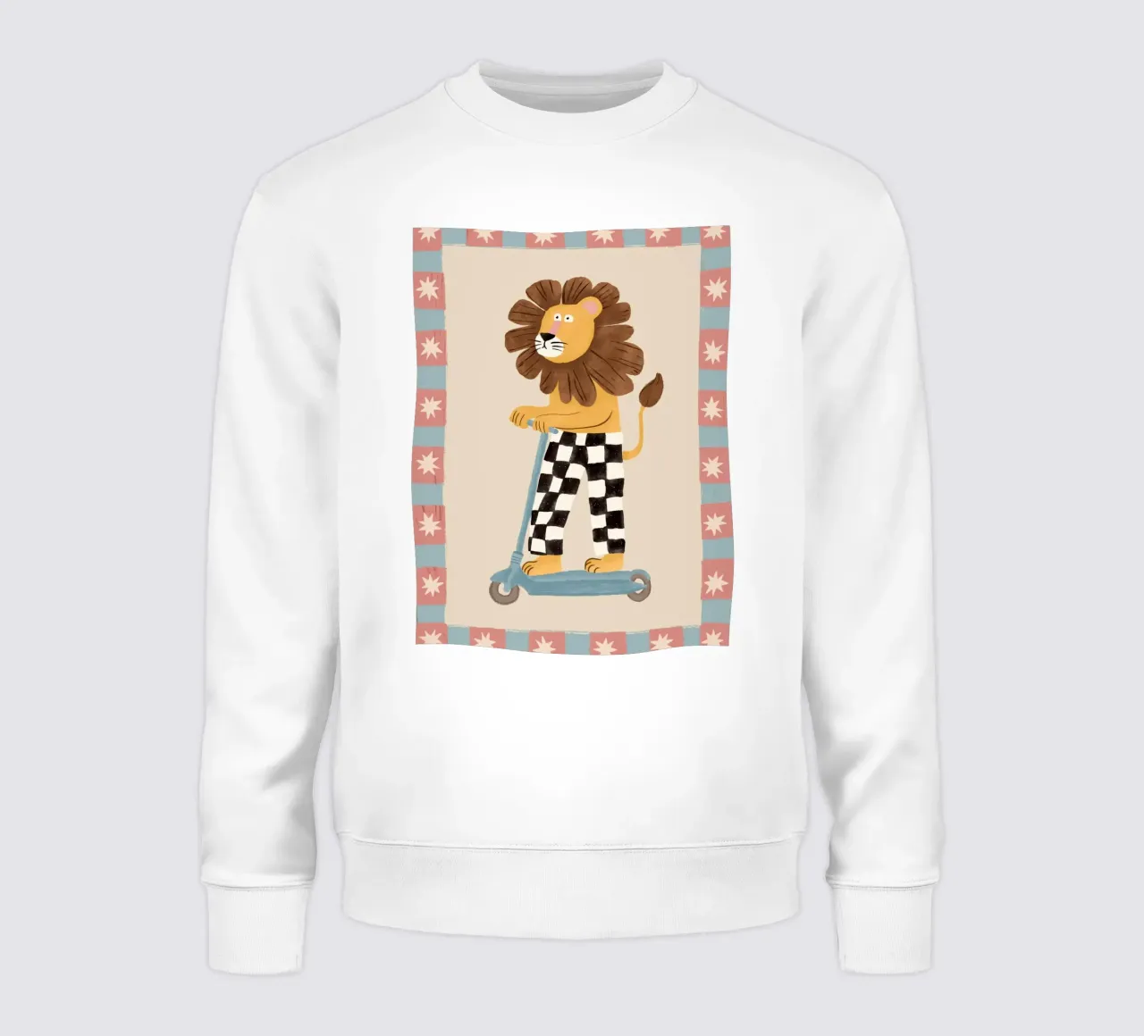 Lion on Scooter, Nursery Print, Whimsical Kids Room Decor sweatshirt by Little Lola