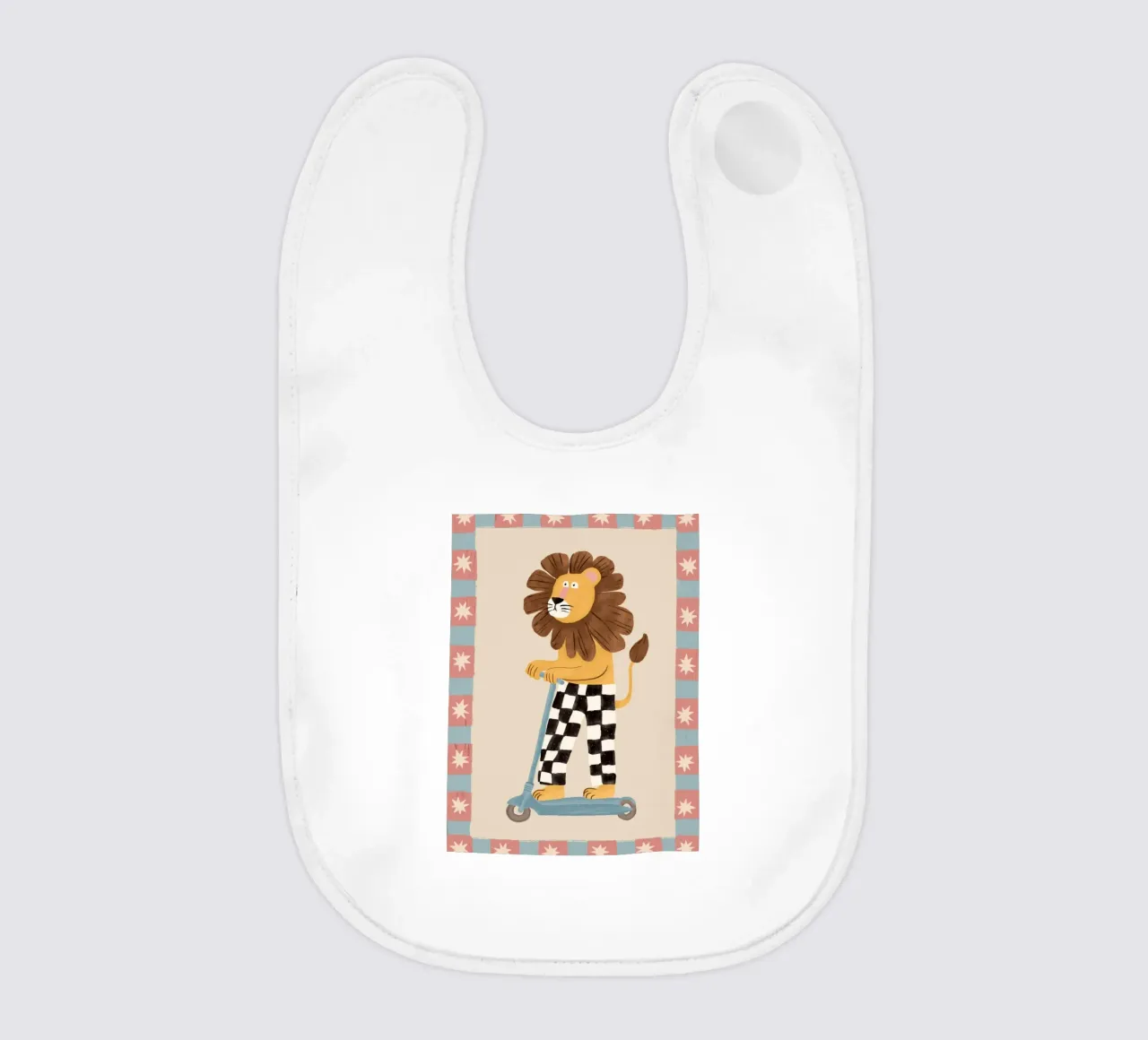 Lion on Scooter, Nursery Print, Whimsical Kids Room Decor baby bib by Little Lola