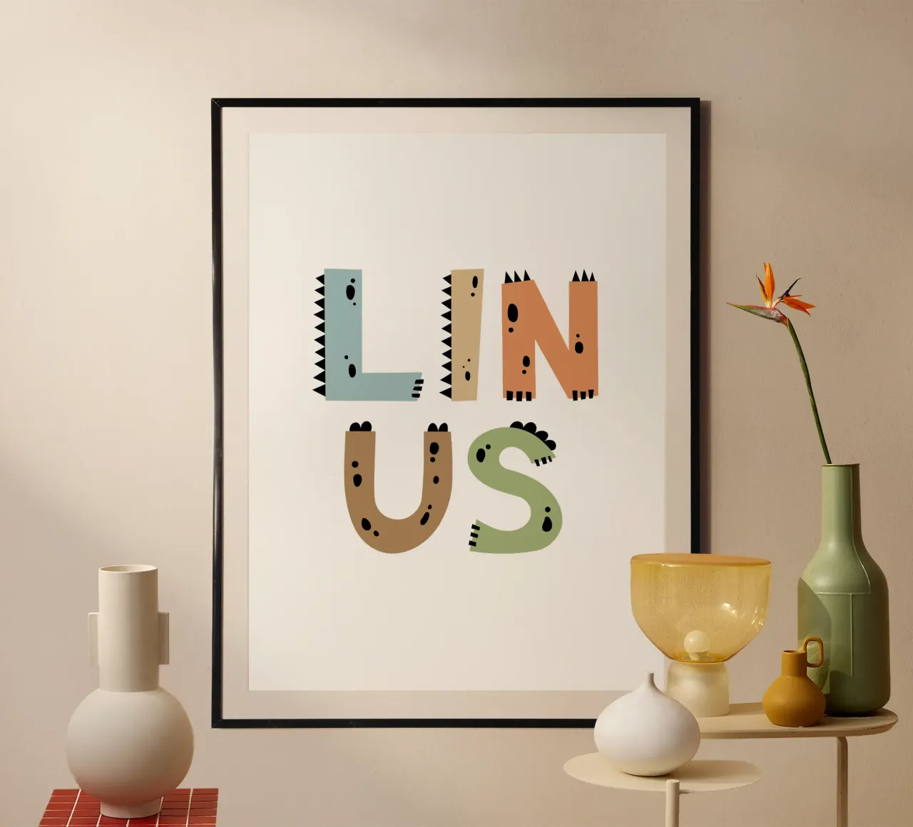 Dino Buchstaben poster con telaio in legno da Kartenliebe