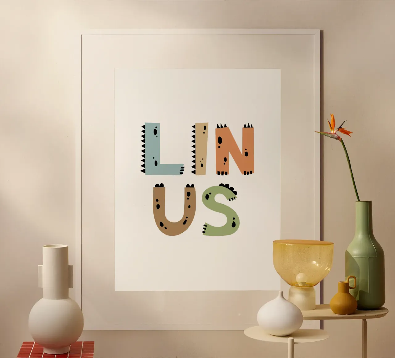 Dino Buchstaben poster con telaio in legno da Kartenliebe