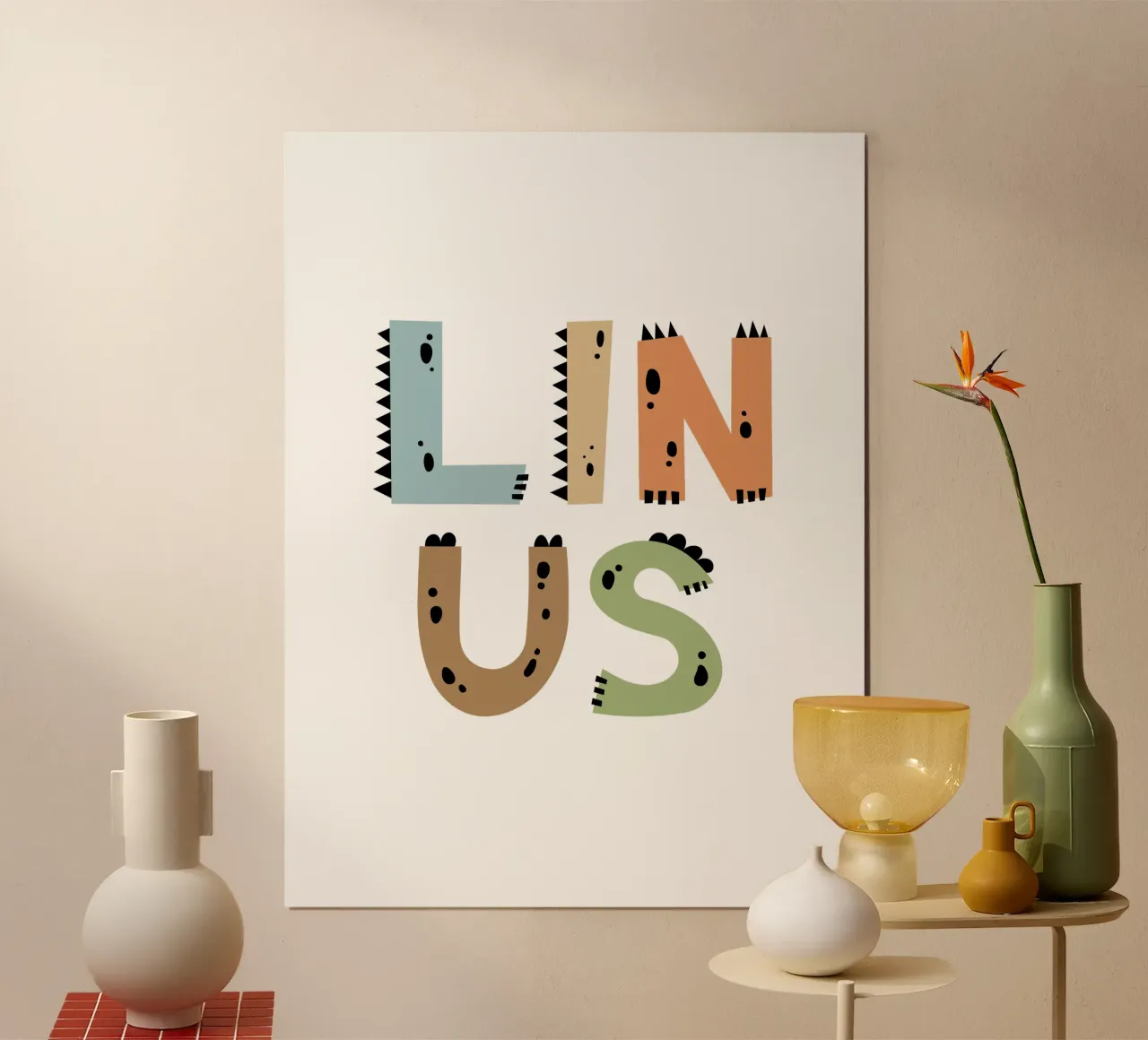 Dino Buchstaben poster con telaio in legno da Kartenliebe
