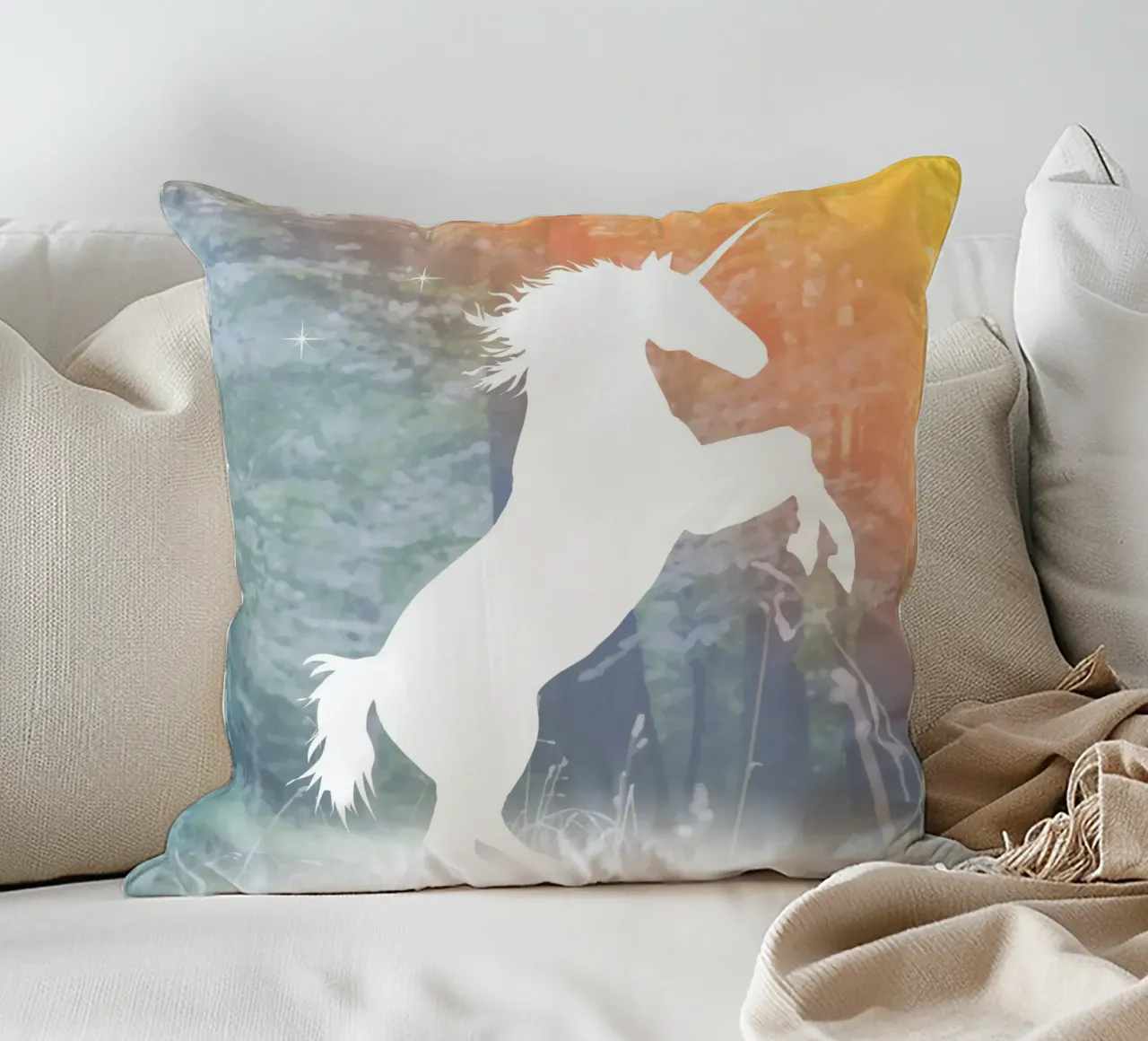 Mystical unicorn in the enchanted forest decorative cushion by namosh
