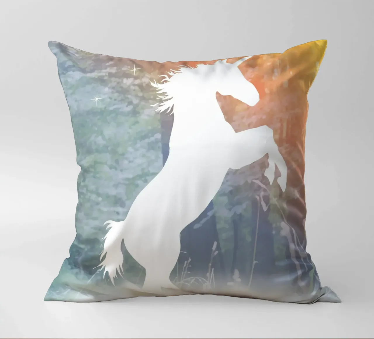 Mystical unicorn in the enchanted forest decorative cushion by namosh