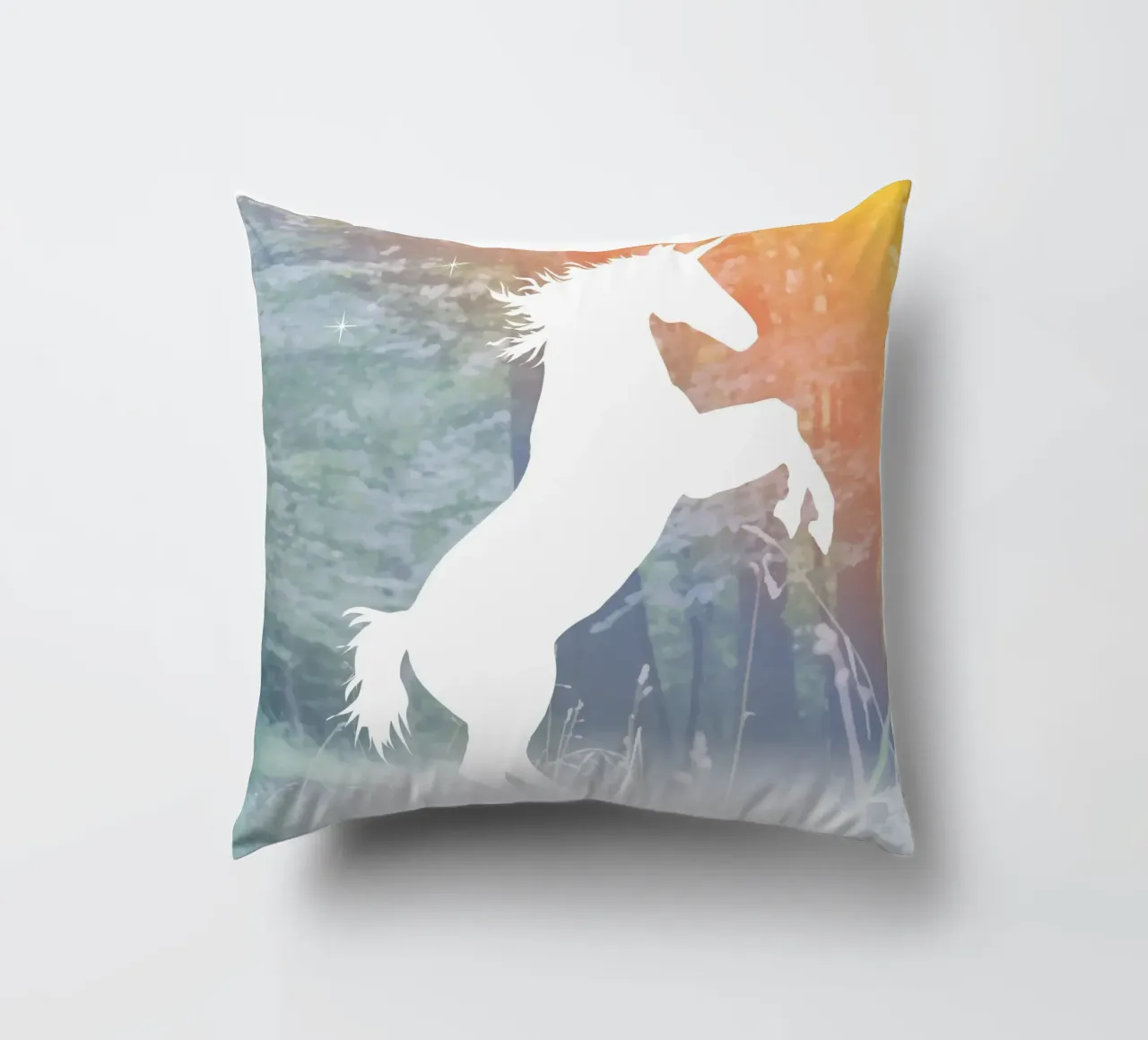 Mystical unicorn in the enchanted forest decorative cushion by namosh