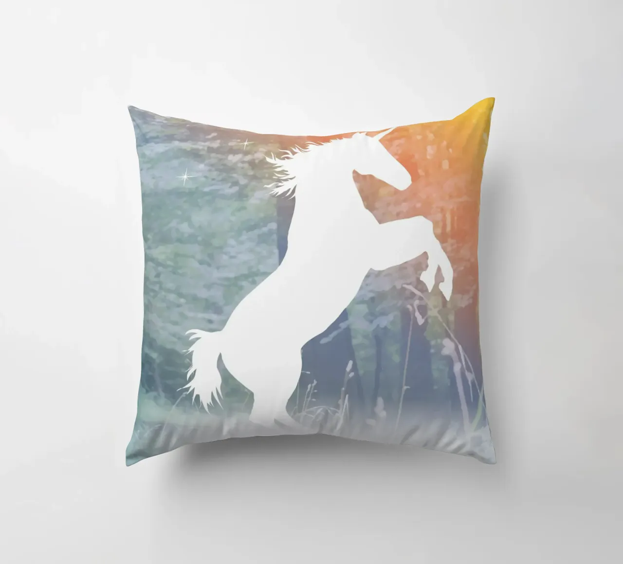 Mystical unicorn in the enchanted forest decorative cushion by namosh