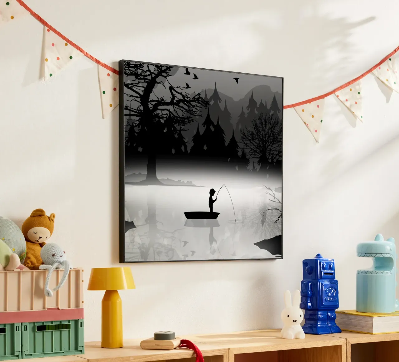 Pescatore in un ambiente naturale tranquillo - stile silhouette alluminio dibond da namosh