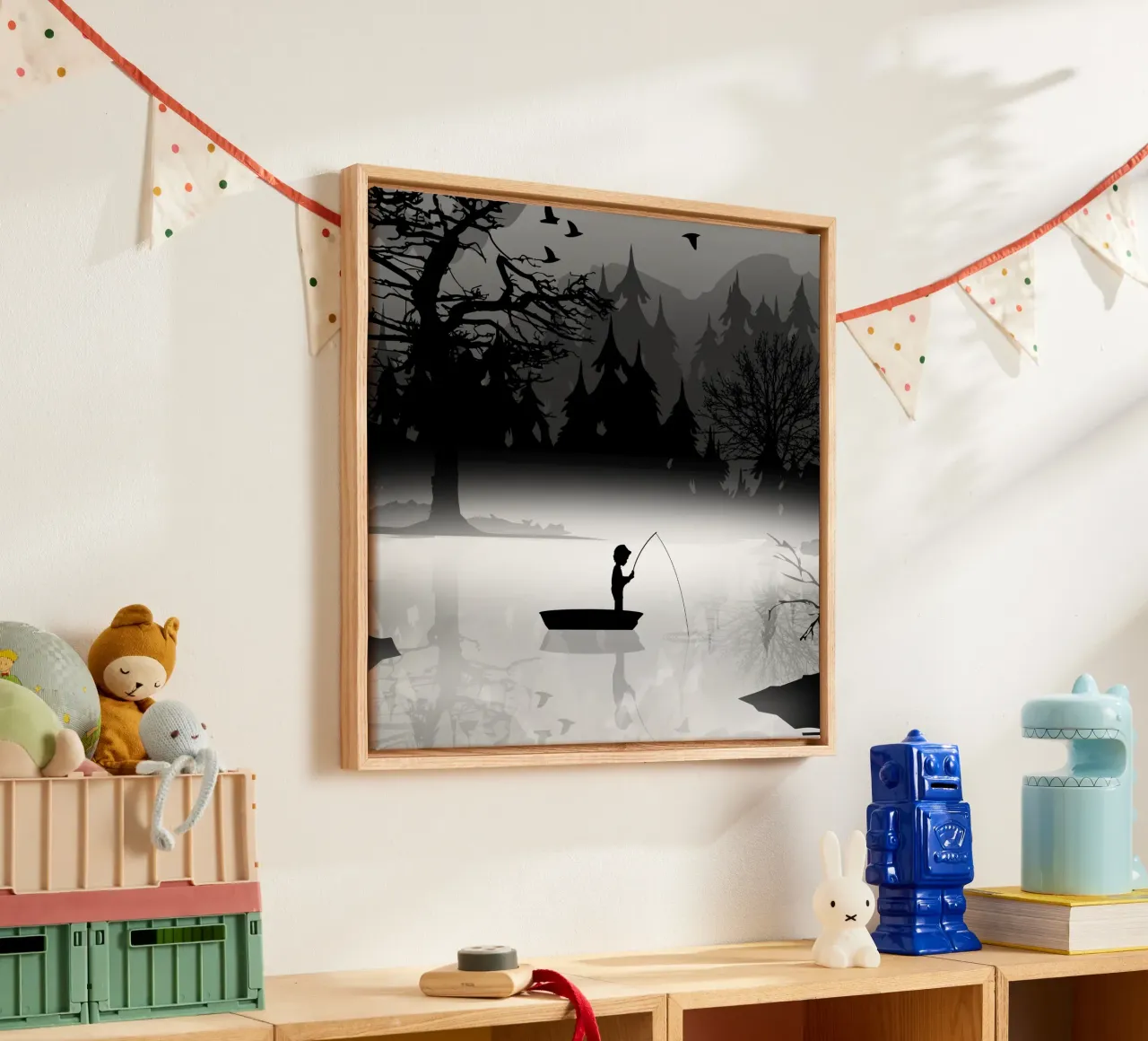 Pescatore in un ambiente naturale tranquillo - stile silhouette tela con Cornice a cassetta da namosh