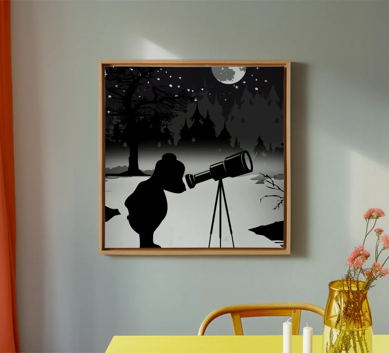 Bear with telescope under the starry sky canvas with Floater frame by namosh