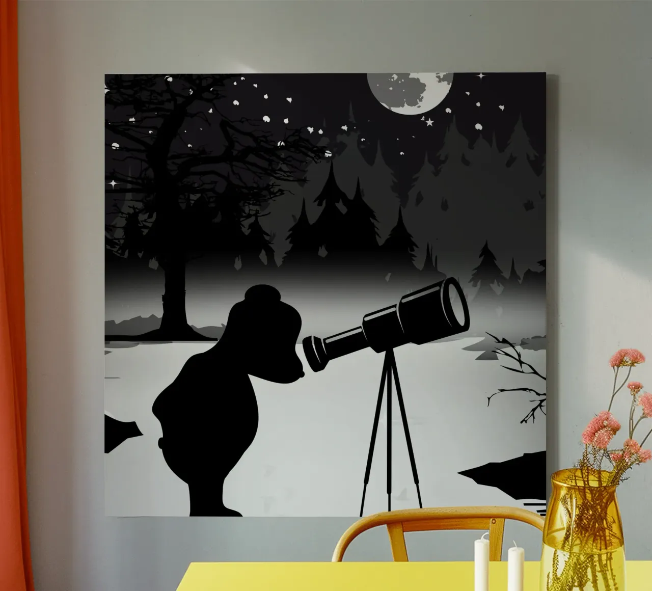 Bear with telescope under the starry sky canvas with Floater frame by namosh