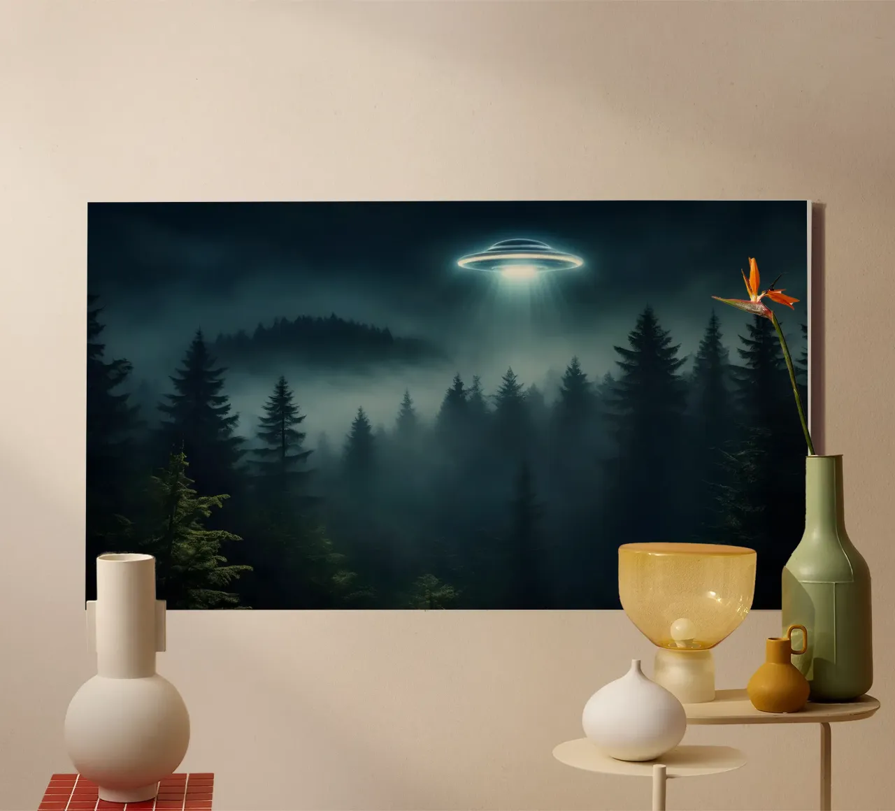 UFO in volo su una foresta tela con Cornice a cassetta da Magic Screen