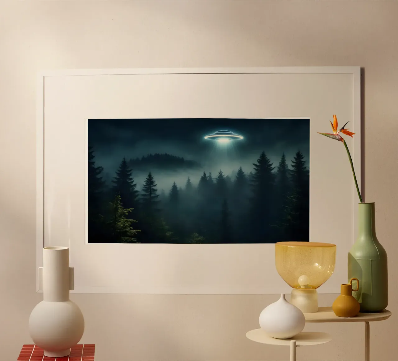 UFO in volo su una foresta carta hahnemühle da Magic Screen