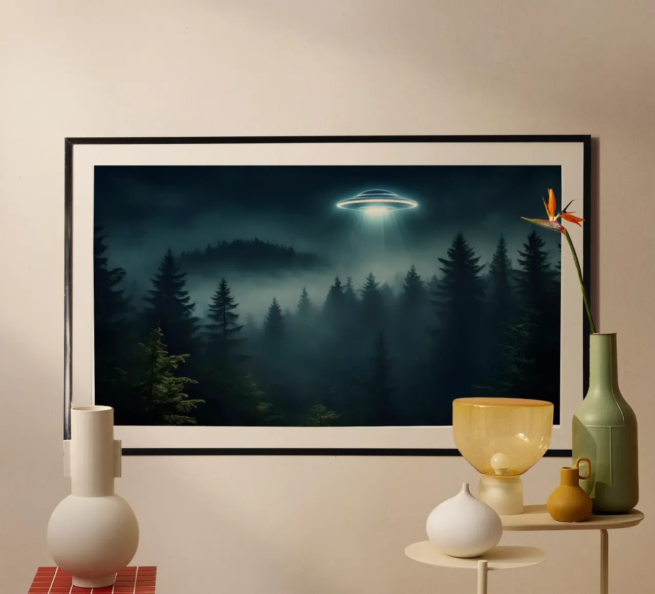 UFO in volo su una foresta carta hahnemühle da Magic Screen