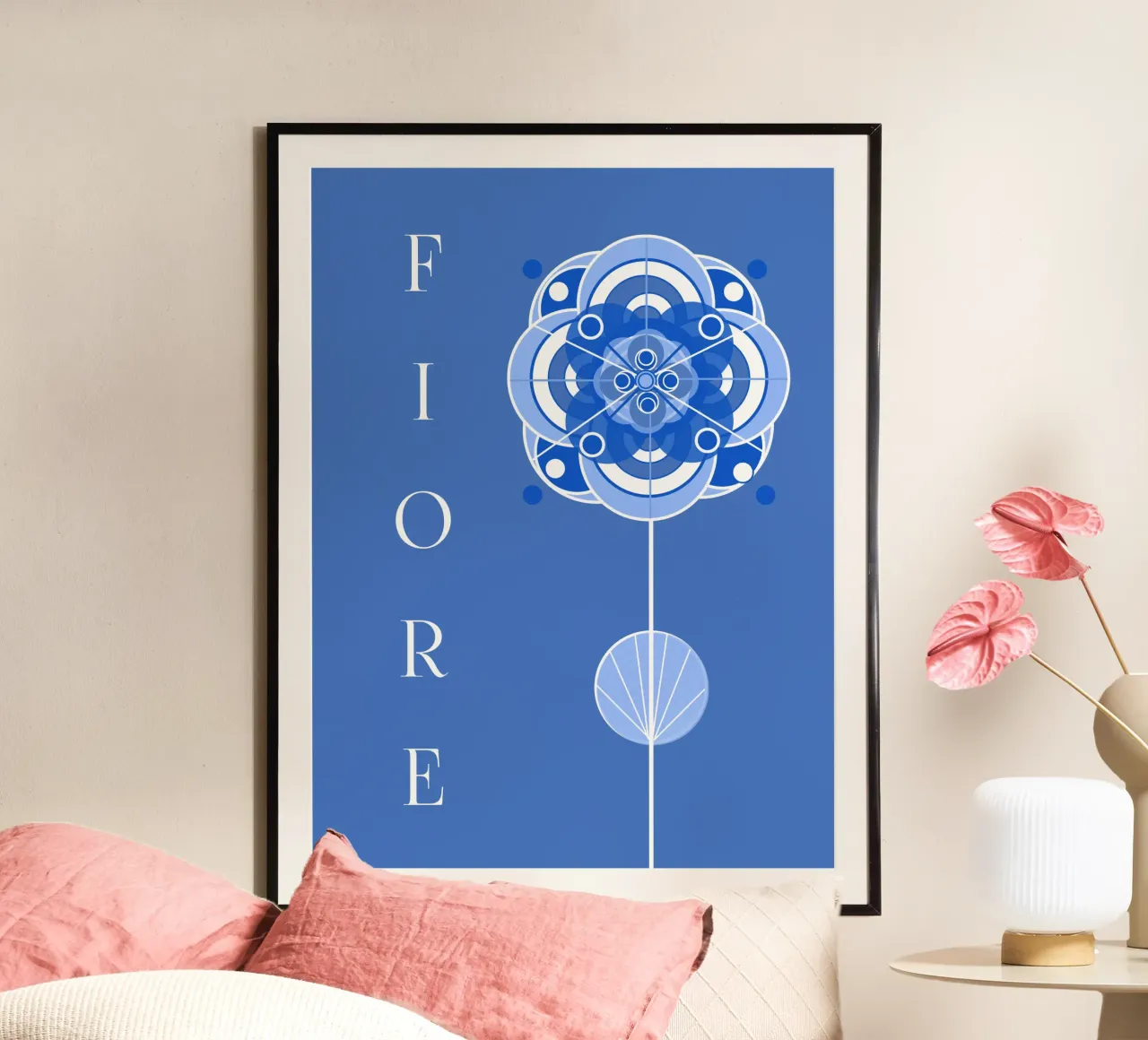 Fiore  - Grafische Blume auf blauem Grund poster with plastic frame by Lilou Art