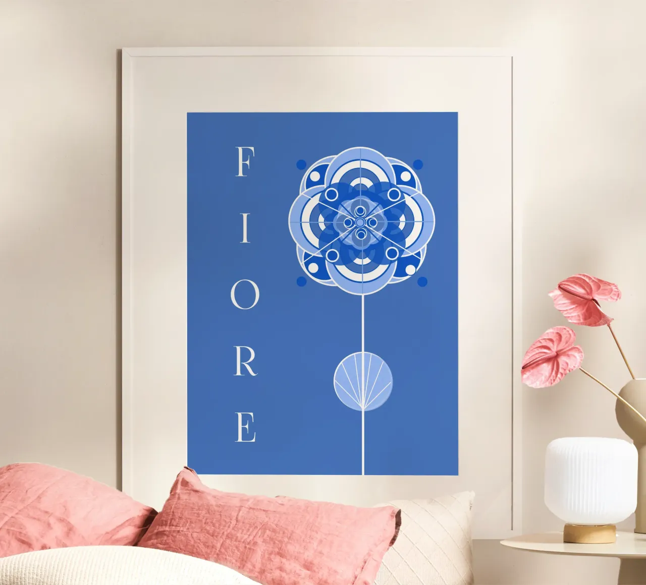 Fiore  - Grafische Blume auf blauem Grund poster with plastic frame by Lilou Art