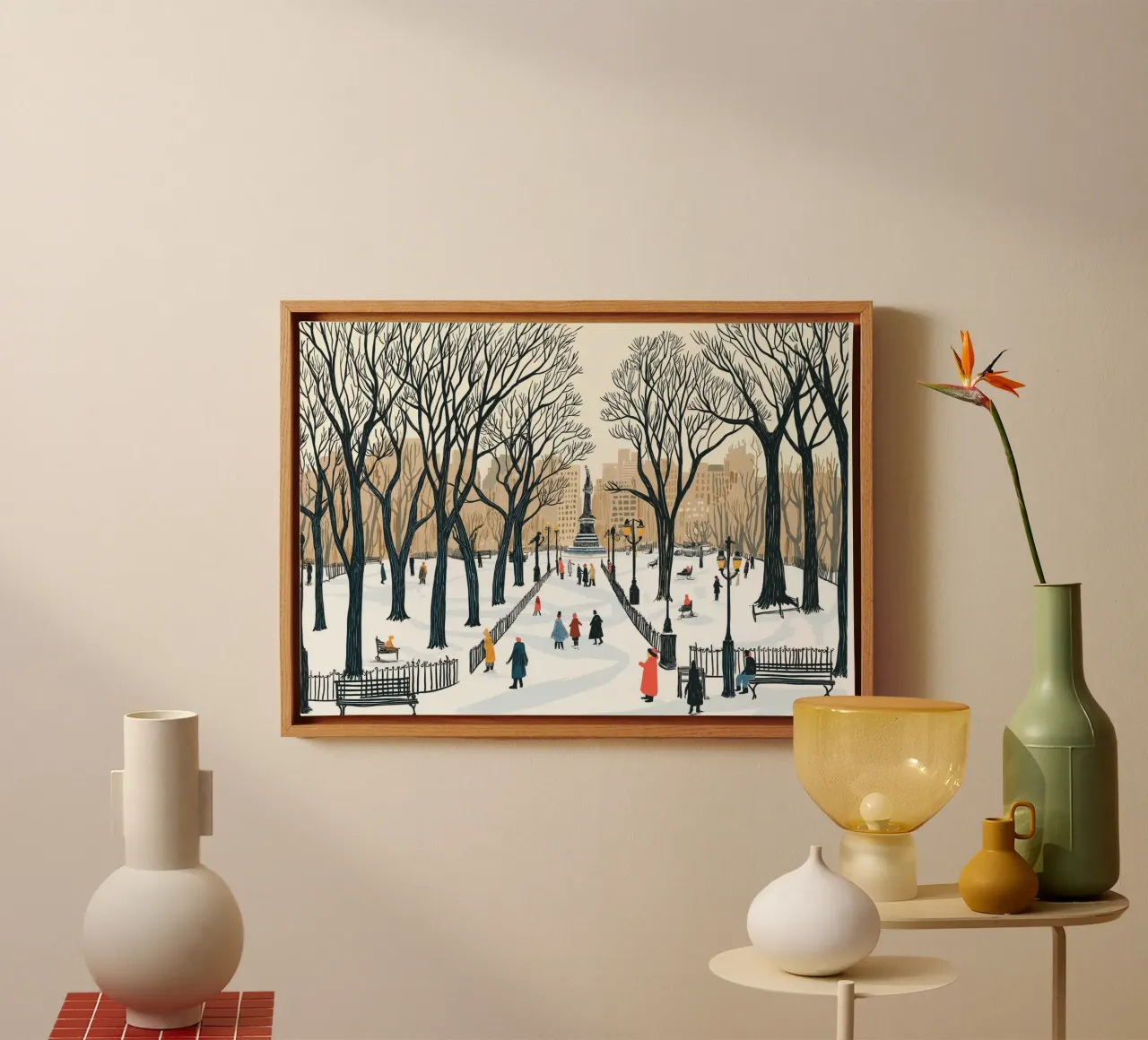 Besneeuwd stadspark - Winterwandeling Stedelijke landschapskunst canvas met Baklijst van ClubArt