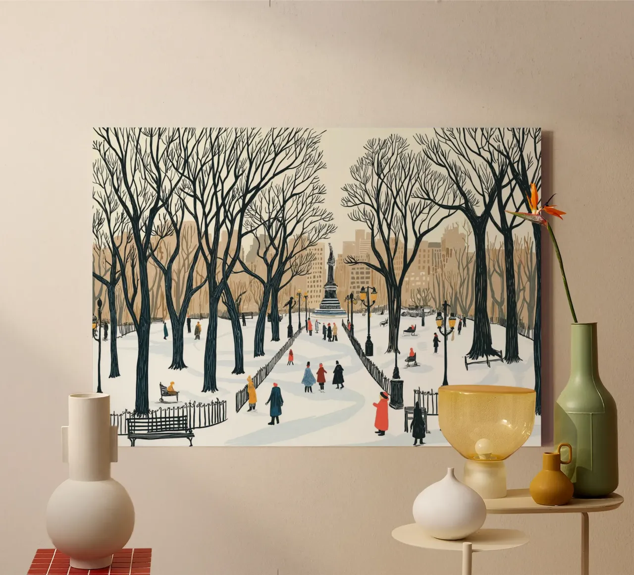 Besneeuwd stadspark - Winterwandeling Stedelijke landschapskunst canvas met Baklijst van ClubArt