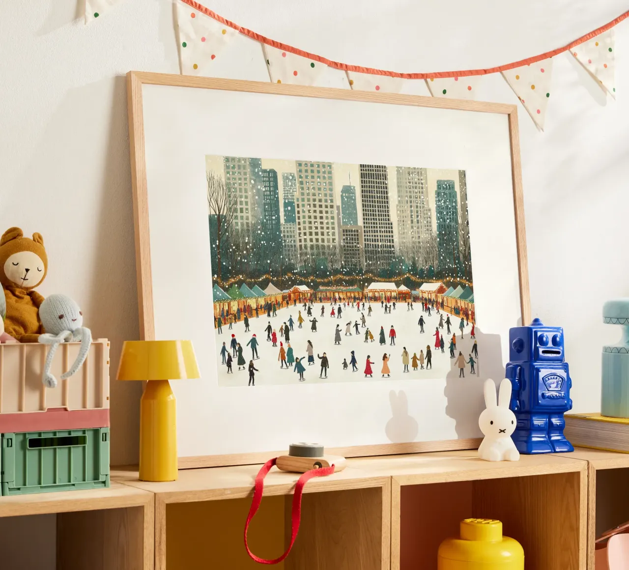Pista di pattinaggio su ghiaccio NYC - Scena di un villaggio invernale innevato poster con telaio in alluminio da ClubArt