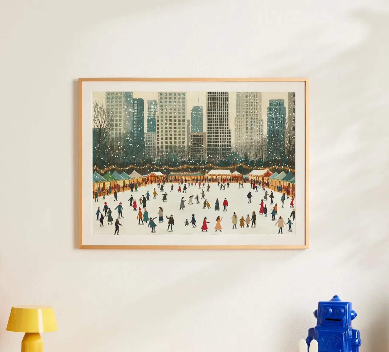 Pista di pattinaggio su ghiaccio NYC - Scena di un villaggio invernale innevato poster con telaio in alluminio da ClubArt