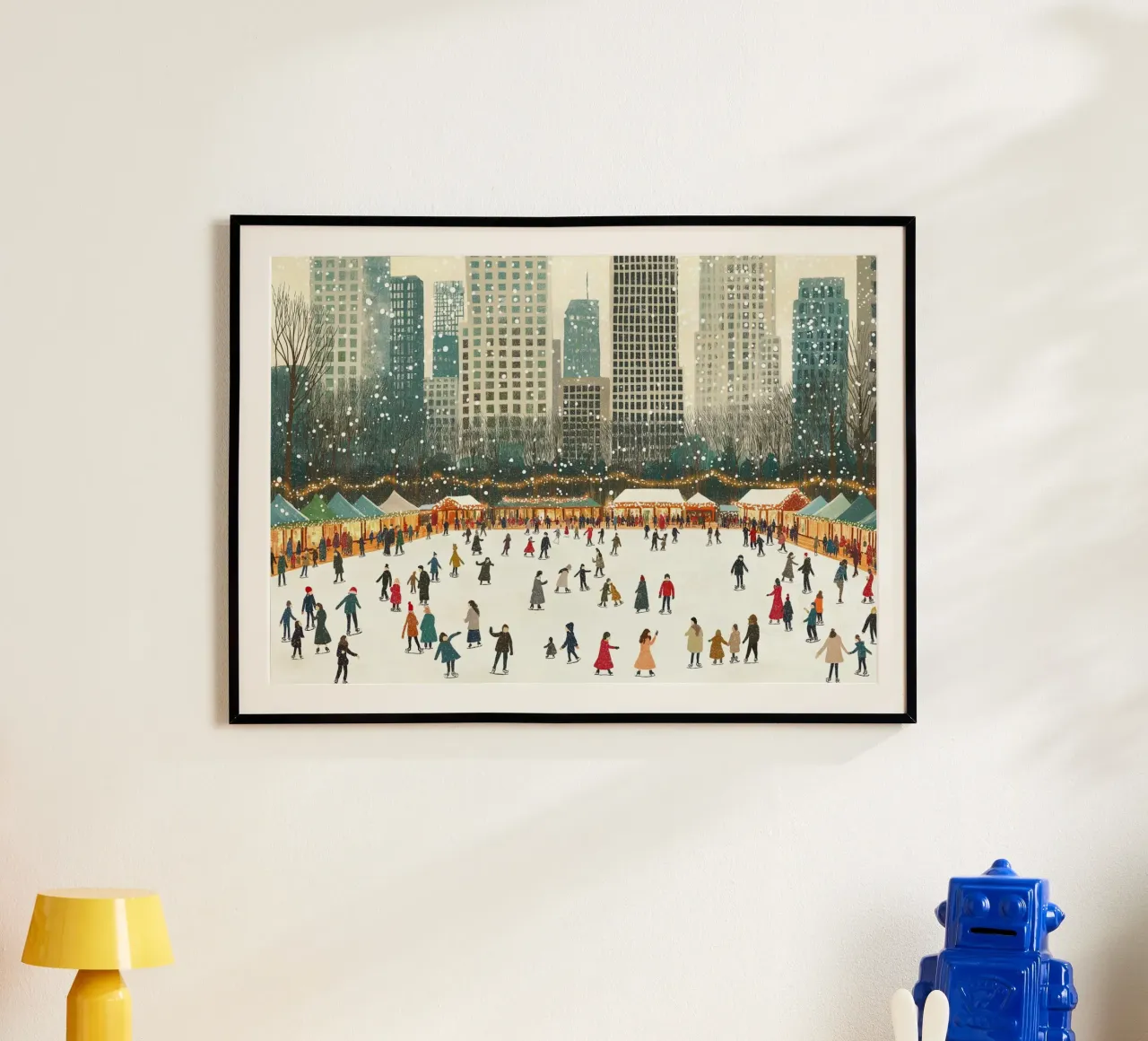 Pista di pattinaggio su ghiaccio NYC - Scena di un villaggio invernale innevato poster con telaio in alluminio da ClubArt