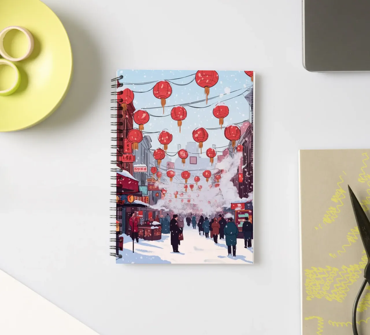 Kiosque à journaux enneigé - Scène de librairie hivernale chaleureuse carnet à spirale de ClubArt