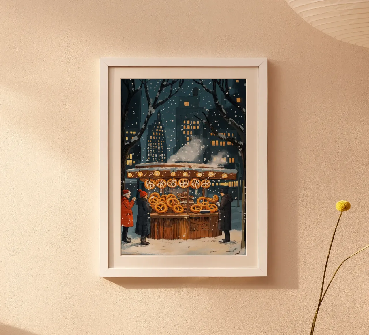 Stand di Pretzel di New York - Arte del cibo di strada invernale innevato poster con telaio in plastica da ClubArt