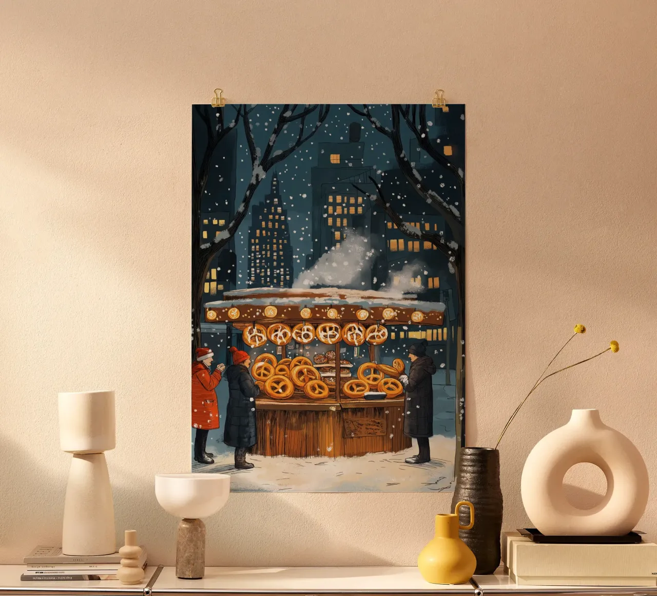 Stand di Pretzel di New York - Arte del cibo di strada invernale innevato poster con telaio in plastica da ClubArt