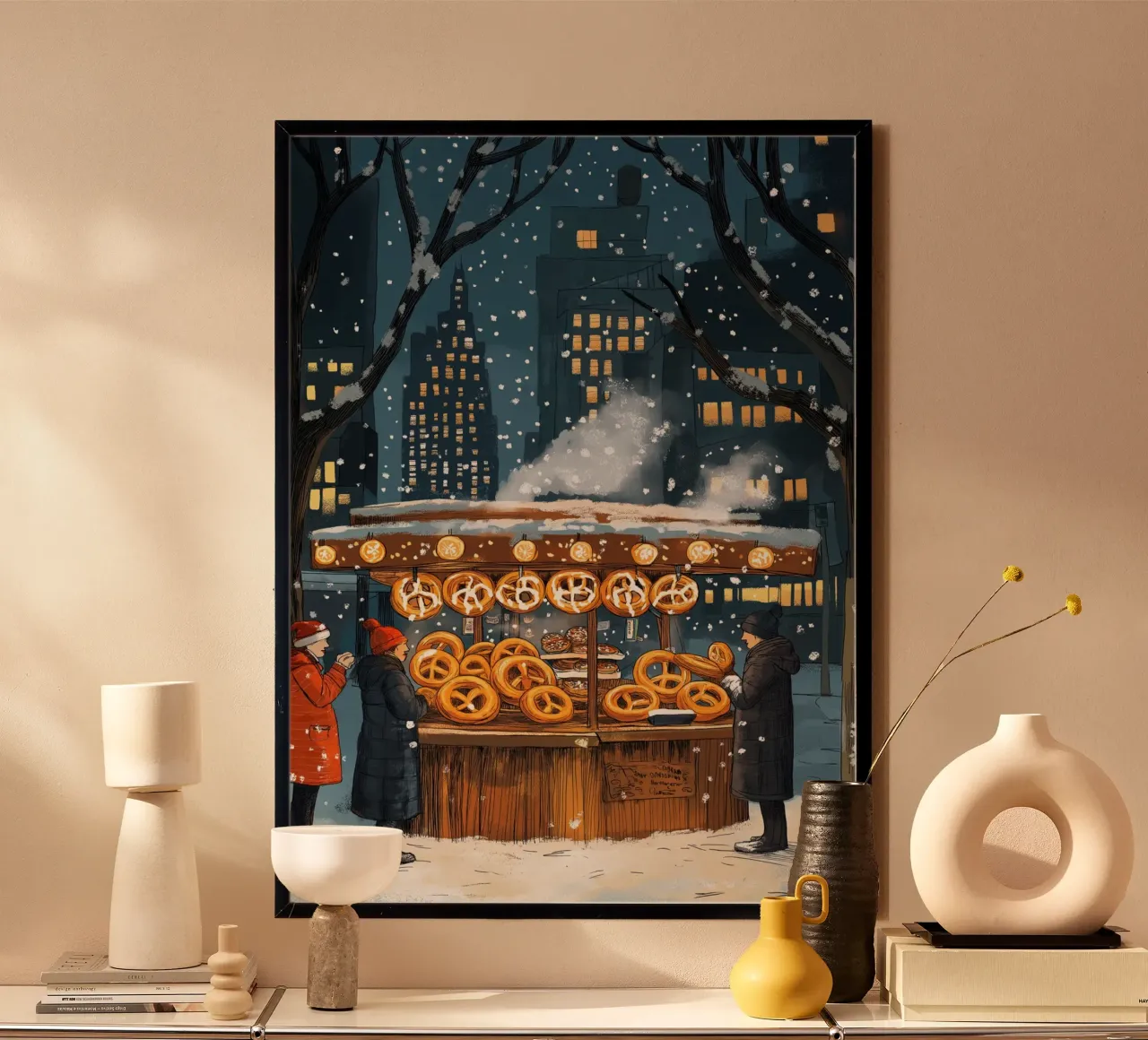 Stand di Pretzel di New York - Arte del cibo di strada invernale innevato poster con telaio in plastica da ClubArt