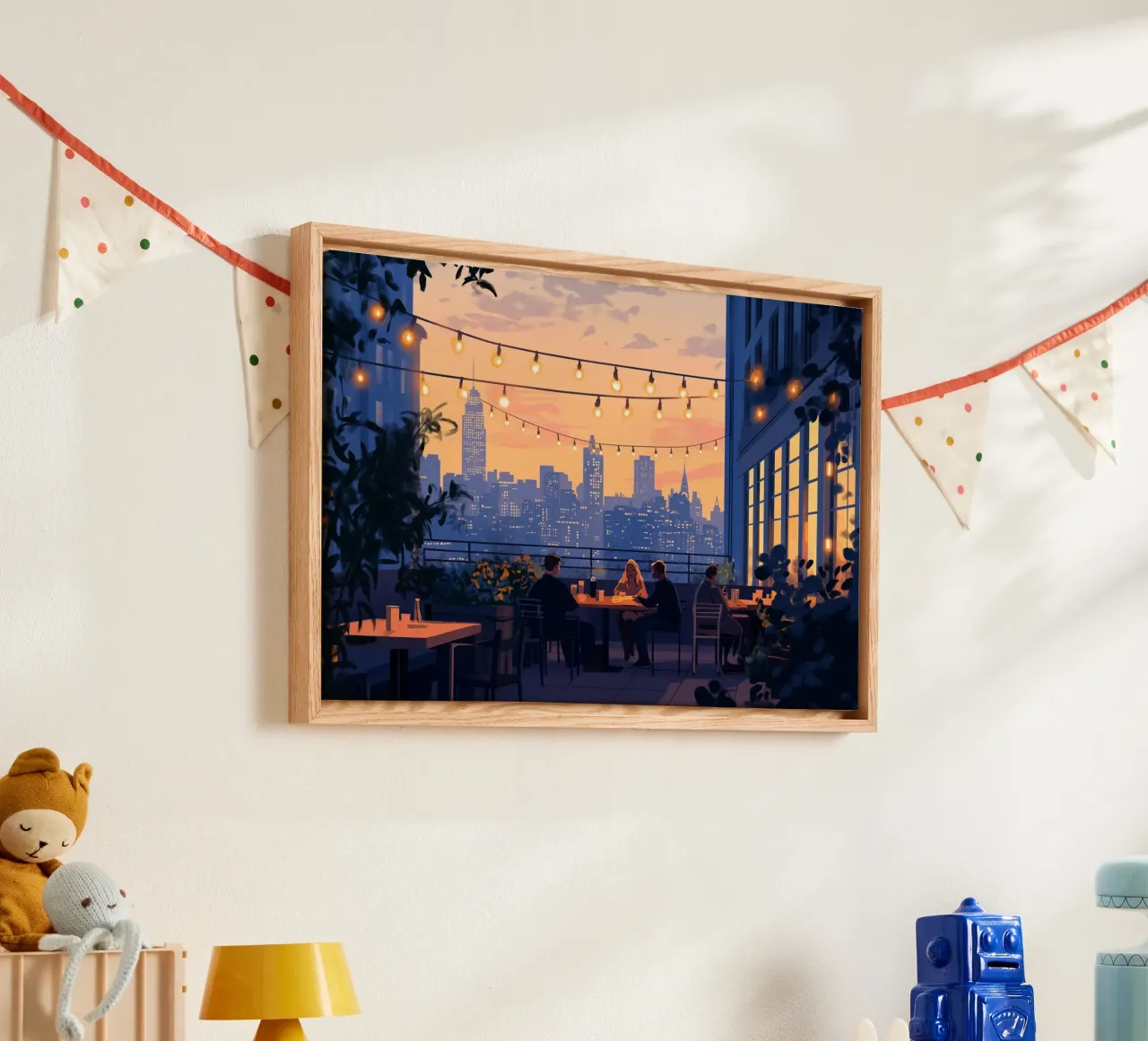 Diner op het dak zonsondergang - NYC avondkunst canvas met Baklijst van ClubArt