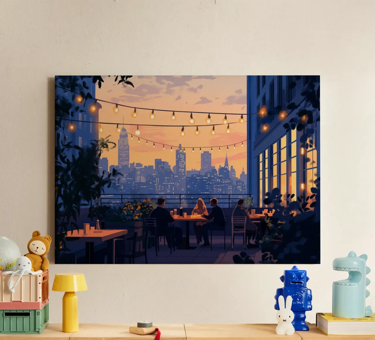 Diner op het dak zonsondergang - NYC avondkunst canvas met Baklijst van ClubArt
