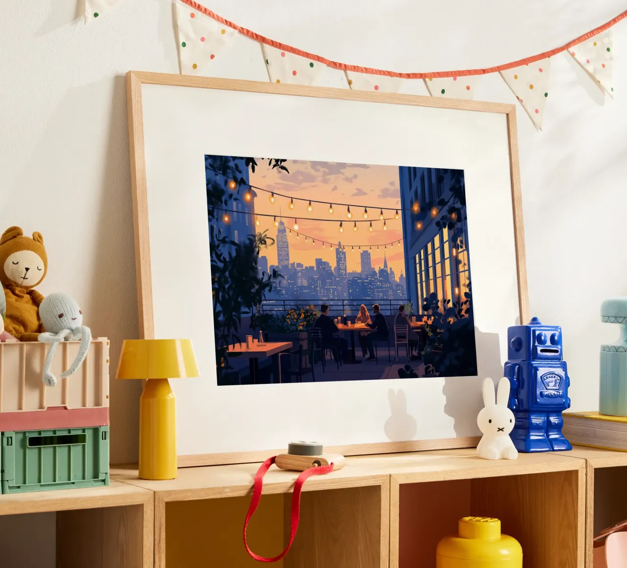 Diner op het dak zonsondergang - NYC avondkunst poster met houten frame van ClubArt