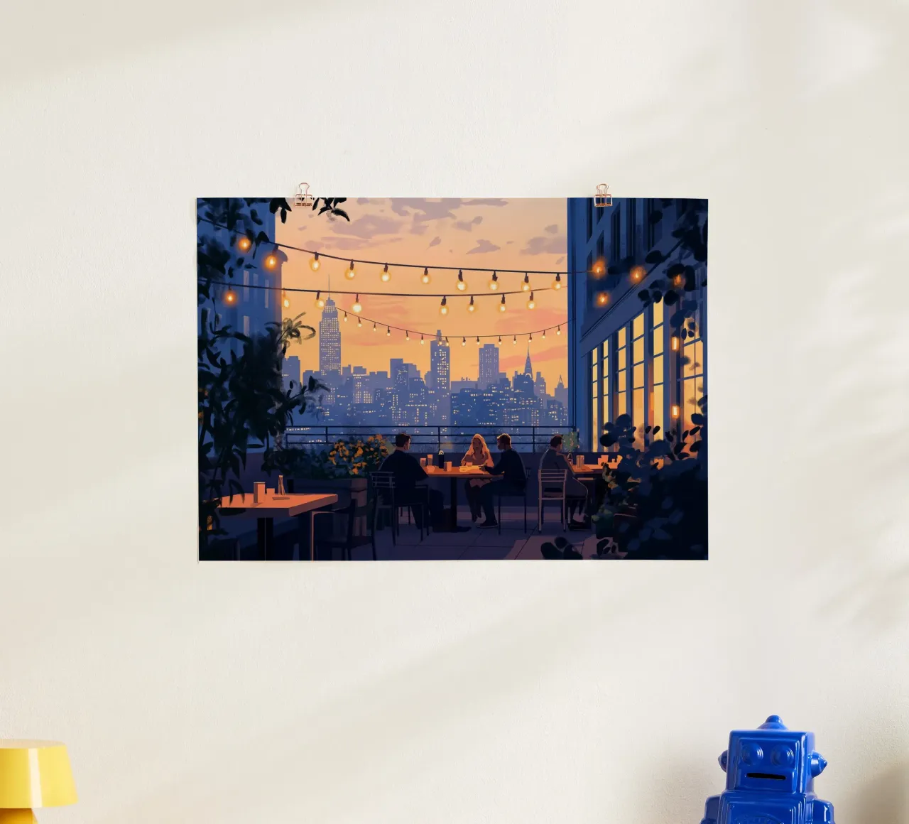 Diner op het dak zonsondergang - NYC avondkunst poster met houten frame van ClubArt