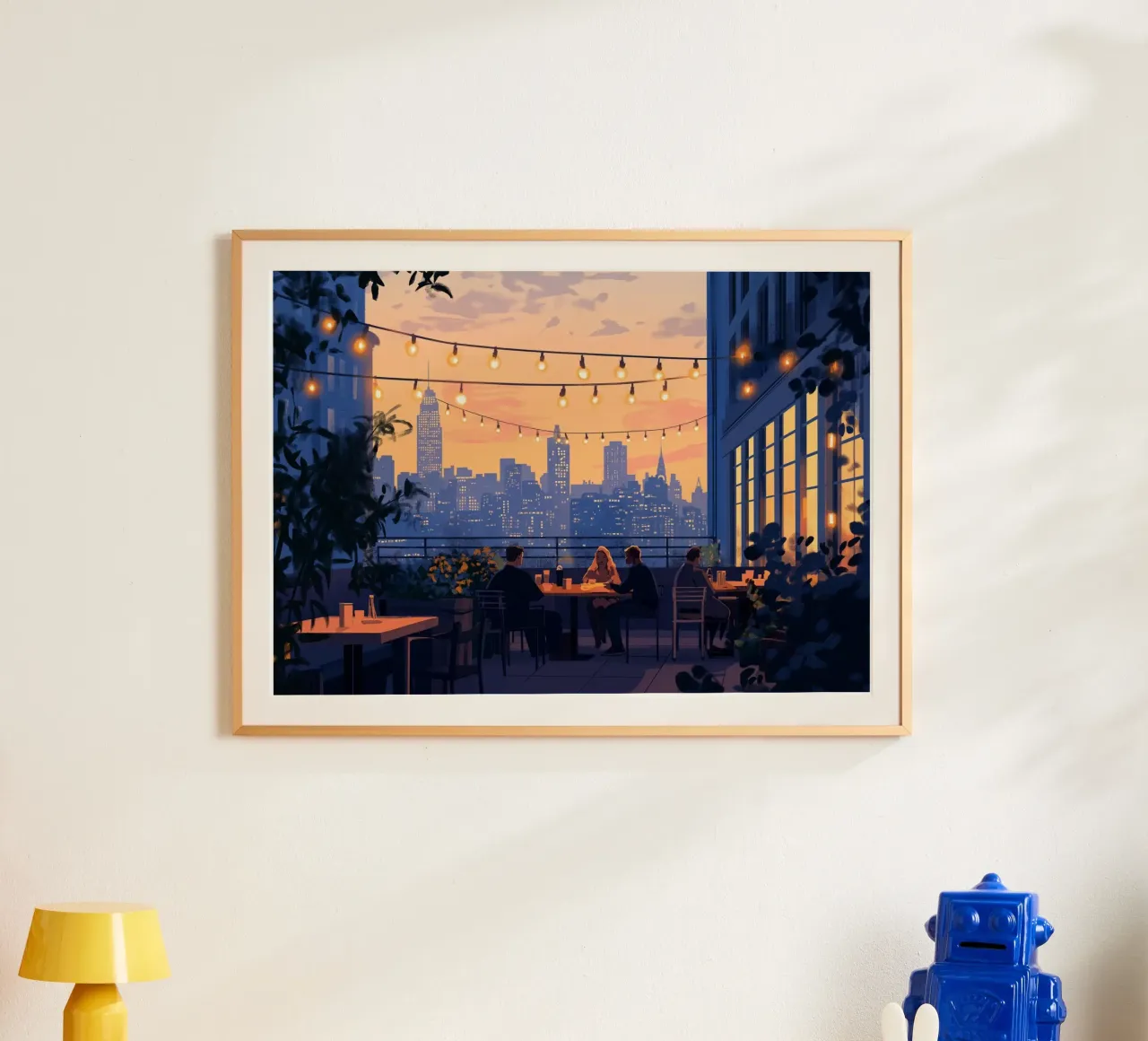 Diner op het dak zonsondergang - NYC avondkunst poster met houten frame van ClubArt