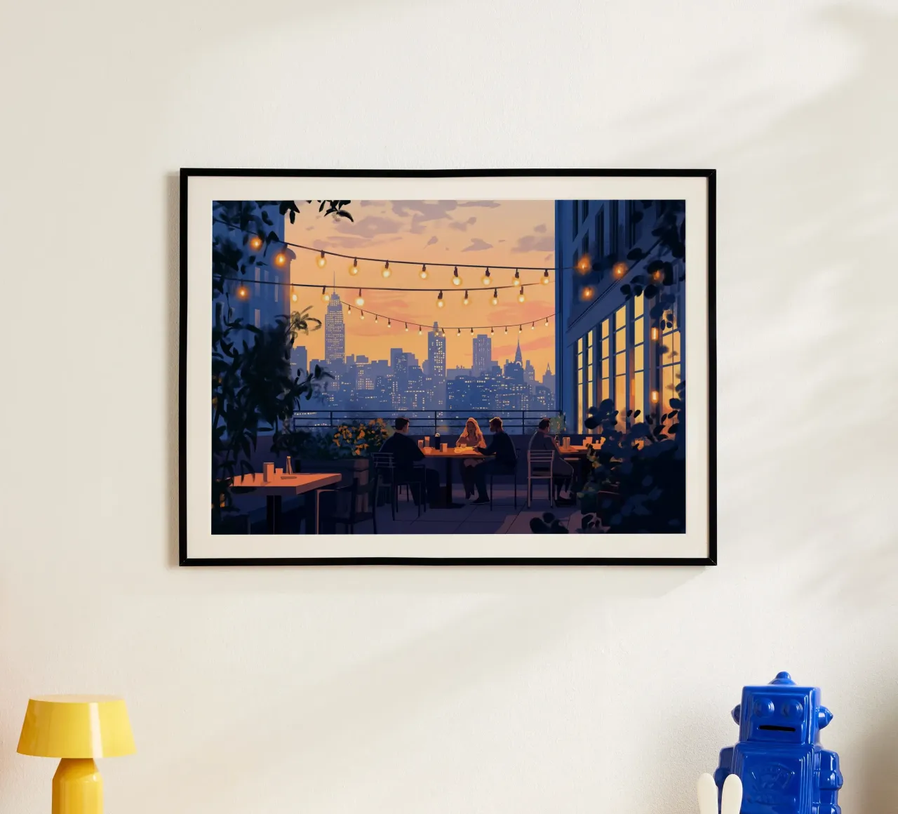 Diner op het dak zonsondergang - NYC avondkunst poster met houten frame van ClubArt