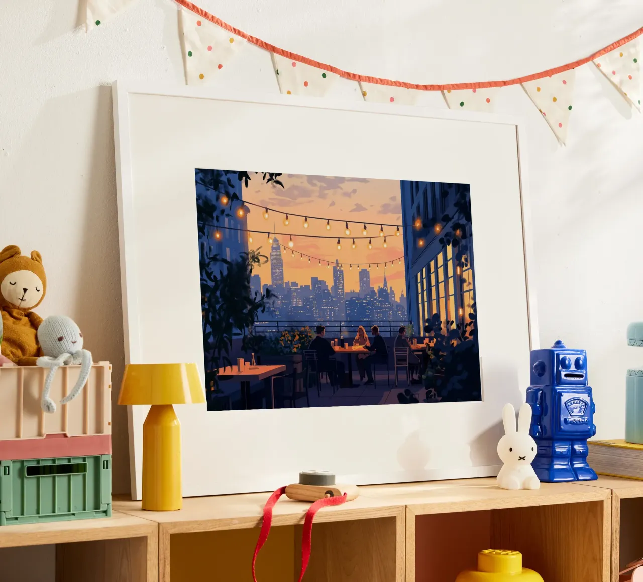 Diner op het dak zonsondergang - NYC avondkunst poster met houten frame van ClubArt
