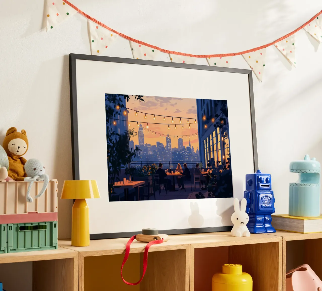 Diner op het dak zonsondergang - NYC avondkunst poster met houten frame van ClubArt