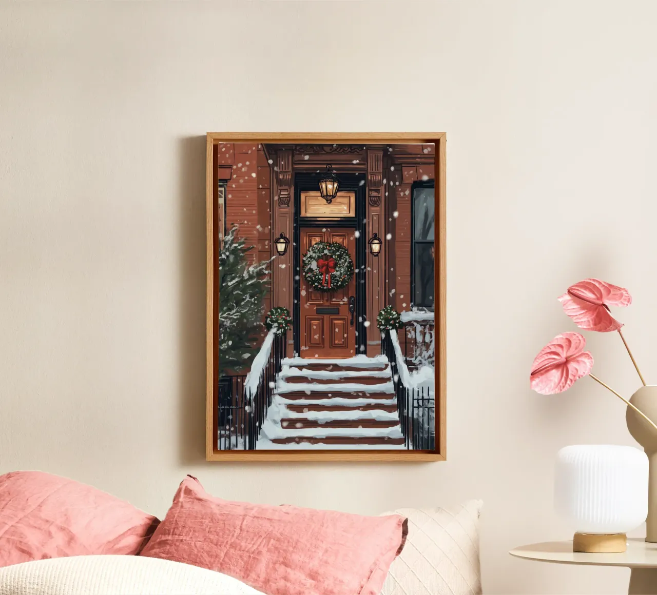 Feestelijke Bruine Steen Deur - Besneeuwde Kerst Entree Kunst canvas met Baklijst van ClubArt